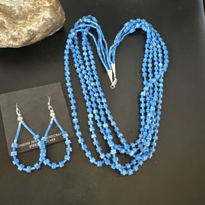Navajo Blue Denim Lapis Necklace Earrings Set | 5-Strand Sterling Silver | Authentic Native American Handmade | 15772