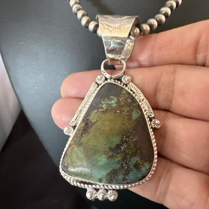 Men's Navajo Green Royston Turquoise Pendant Necklace | Sterling Silver | Authentic Native American Handmade | 17479