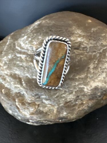 Navajo Ribbon Boulder Green Turquoise Ring | Sterling Silver | Sz 8.5 | Authentic Native American Handmade | 16386