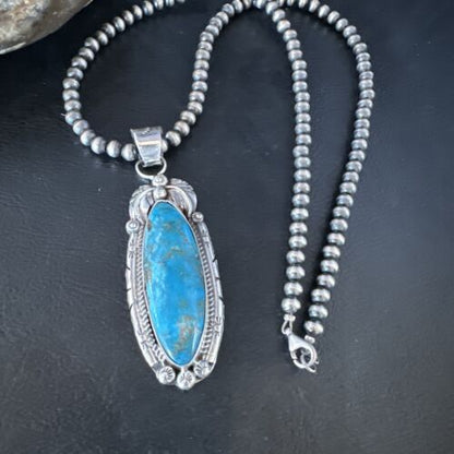 Navajo Kingman Turquoise Pendant Necklace | Sterling Silver Pearls | Authentic Native American Handmade | 15219