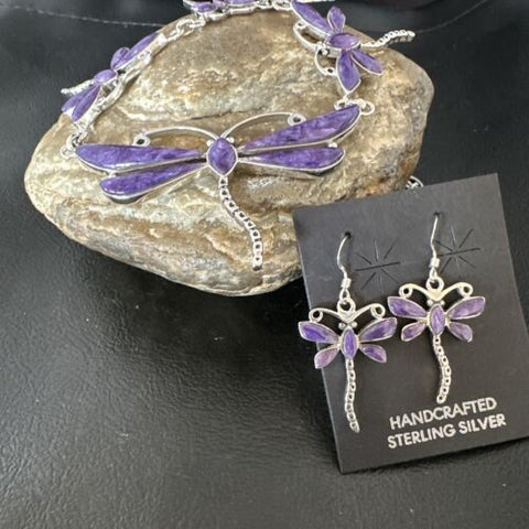 Dragonfly Purple Sugilite Necklace Navajo Sterling Silver Pendant Earrings 16257