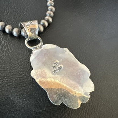 Navajo Blue Turquoise Pendant Necklace | Sterling Silver Pearls | Authentic Native American Handmade | 15652