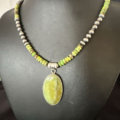 Navajo Green Turquoise Pendant Necklace | Sterling Silver | Authentic Native American Handmade | 16919
