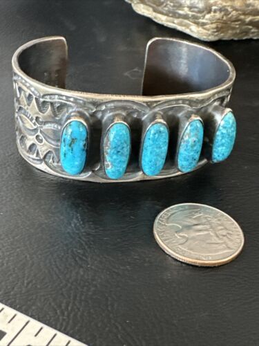 XL Men's Kingman Turquoise 5 Stone Cuff Bracelet | Navajo Sterling Silver | Authentic Native American Handmade | 15858