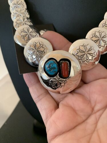 Navajo Coral Turquoise Necklace | Graduated Sterling Silver Pillow Stamped | 15635
