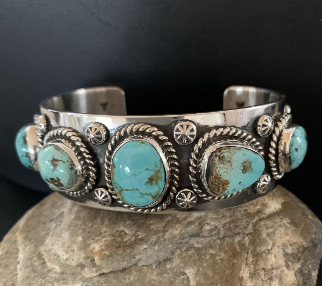 Navajo Blue Royston Turquoise 5 Stone Cuff Bracelet | Sterling Silver | Authentic Native American Handmade | 01383