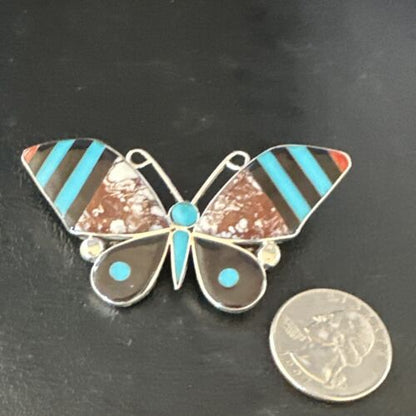 Zuni Butterfly Wild Horse Turquoise Onyx Inlay Pin Pendant | Sterling Silver | Authentic Native American Handmade | 15152