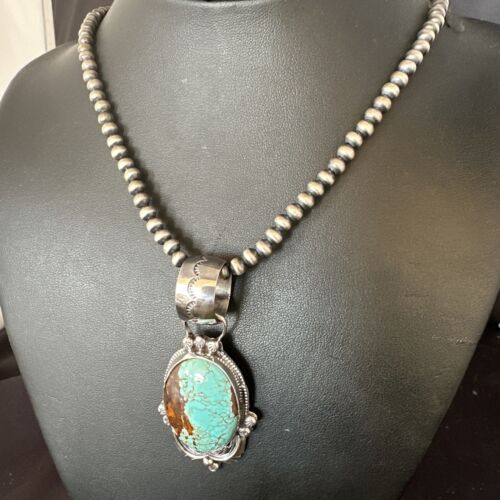 Men's Blue #8 Turquoise Pendant Necklace | Navajo Sterling Silver | Authentic Native American Handmade | 14975