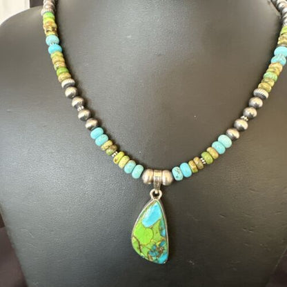 Navajo Blue Green Mojave Turquoise Pendant | Sterling Silver Pearl Necklace | Authentic Native American Handmade | 16921