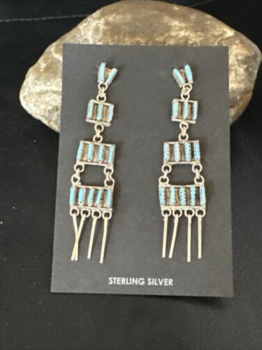 Zuni Kingman Turquoise Needle Point Dangle Earrings | Sterling Silver | 4 Tier | 14872