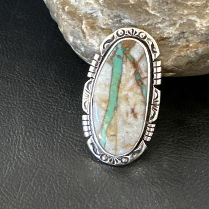 Navajo Ribbon Boulder Green Turquoise Ring | Sterling Silver | Sz 9 | Authentic Native American Handmade | 16252