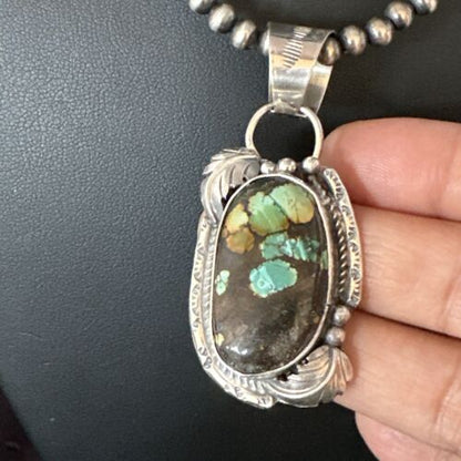 Navajo Blue Spiderweb Turquoise Pendant | Sterling Silver Necklace | 18" Pearls | 15093