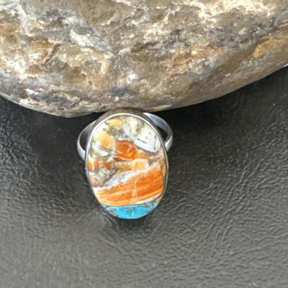 Navajo Blue Turquoise Orange Spiny Oyster Ring | Sterling Silver | Sz 8 | Authentic Native American Handmade | 16621