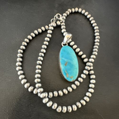Navajo Blue Kingman Turquoise Pendant Necklace | Sterling Silver | 20" | Authentic Native American Handmade | 16992