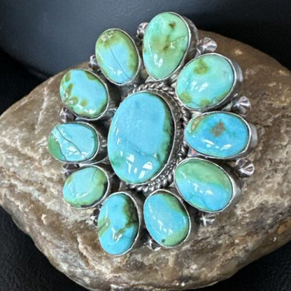 Navajo Green Sonoran Gold Turquoise Cluster Ring | Authentic Native American Sterling Silver | Multi- Stone| Sz 11 | 16033