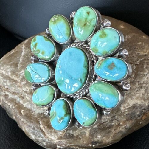 Navajo Green Sonoran Gold Turquoise Cluster Ring | Authentic Native American Sterling Silver | Multi- Stone| Sz 11 | 16033