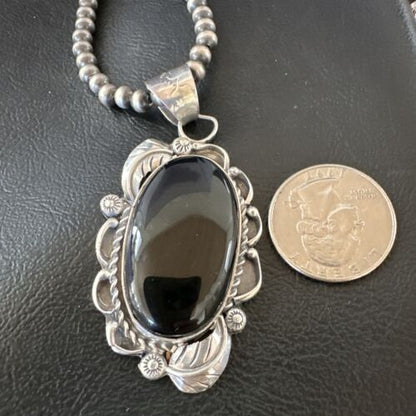Navajo Pearls Black Onyx Necklace Pendant | Sterling Silver | Authentic Native American Handmade | 16531