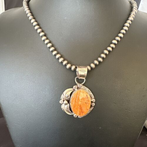 Women's Orange Spiny Oyster Pendant | Navajo Pearls Sterling Silver Necklace 21" | 16555