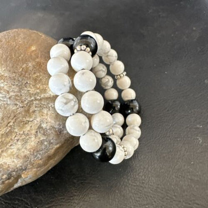 Memory Wire Stainless Steel Howlite Onyx Bead Bracelet 17617