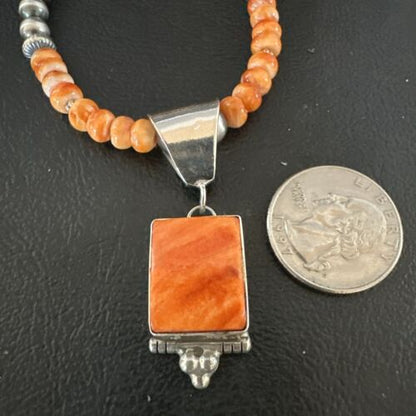 Navajo Pearls Sterling Silver Necklace with Orange Spiny Oyster Pendant | 17049