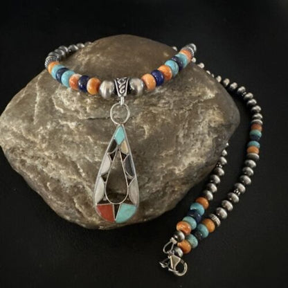 Navajo Spiny Oyster Turquoise Lapis Inlay Pendant Necklace | Sterling Silver | 21" | 16769