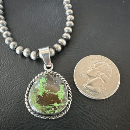 Navajo Green Gaspeite Pendant Necklace | Sterling Silver | Authentic Native American Handmade | 16362