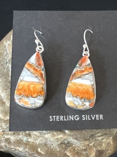 Navajo Blue Turquoise & Orange Spiny Oyster Inlay Dangle Earrings | Sterling Silver | 15583