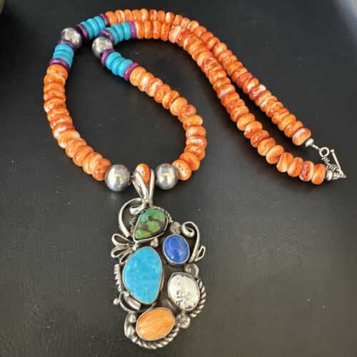 Navajo Blue Turquoise Spiny Oyster Pendant | Sterling Silver Bead Necklace | Multi-Stone | 15058