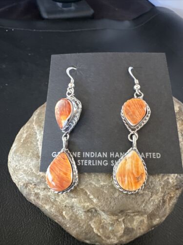 Navajo Orange Spiny Oyster Dangle Earrings | Sterling Silver | 1.5" | Authentic Native American Handmade | 16573