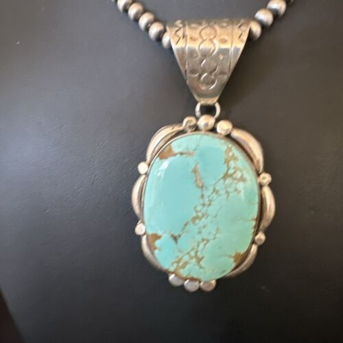 Navajo Blue Turquoise #8 Pendant | Sterling Silver Pearls Necklace | Authentic Native American Handmade | 17169