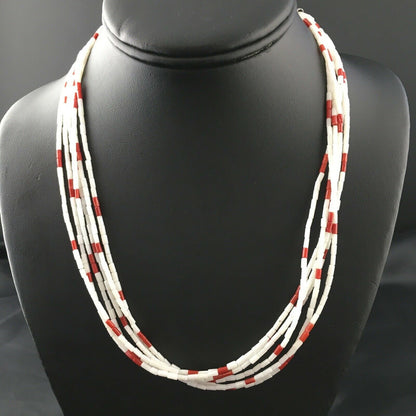 Men's Navajo Red White Coral Heishi Necklace | Sterling Silver | 6 Strand | 18" | 10147