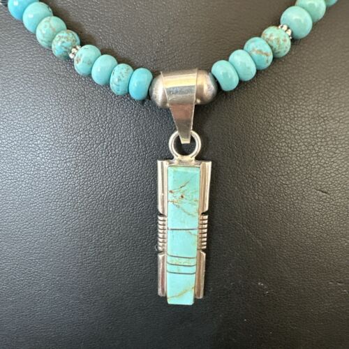 Navajo Turquoise #8 Inlay Pendant Necklace | Sterling Silver | Authentic Native American Handmade | 17055