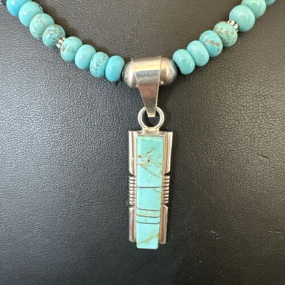 Navajo Turquoise #8 Inlay Pendant Necklace | Sterling Silver | Authentic Native American Handmade | 17055