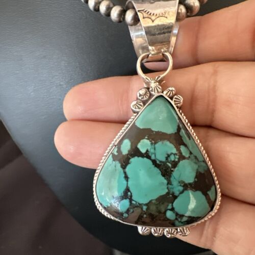 Men's Spiderweb Turquoise Pendant | Navajo Pearls Sterling Silver Necklace | Authentic Native American Handmade | 17068
