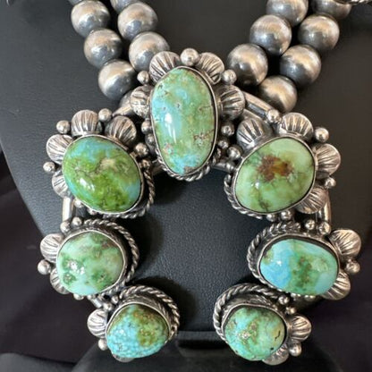 Navajo Green Sonoran Gold Turquoise Squash Blossom Necklace Pendant | Sterling Silver | Native American Handmade | 16546