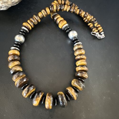 Navajo Coffee Tiger's Eye & Black Onyx Necklace | Sterling Silver Navajo Pearls | 22" | Authentic Native American | 15228