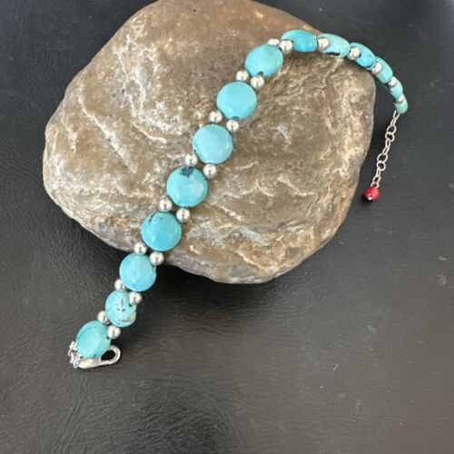 Women's Blue Turquoise Bead Bracelet | Southwestern Sterling Silver Link | 8" | 17233