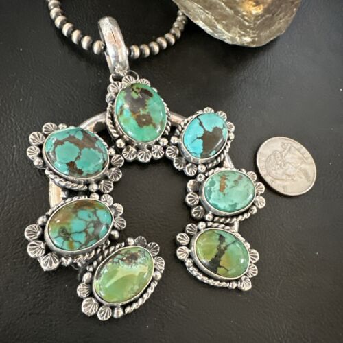 Men's Blue Spiderweb Turquoise Naja Pendant Necklace | Navajo Sterling Silver | 16950