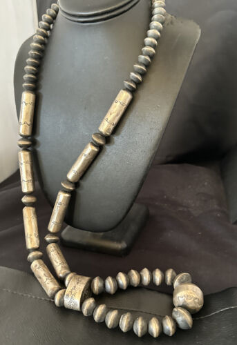 Navajo Stamped Bench Bead Necklace | Sterling Silver | 30" | Authentic Native American Handmade | 16727