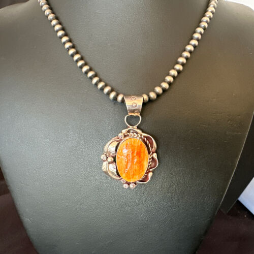 Navajo Orange Spiny Oyster Pendant Necklace | Sterling Silver Pearls | Authentic Native American Handmade | 16558