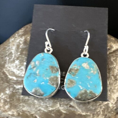 Navajo Blue Turquoise Dangle Earrings | Sterling Silver | Authentic Native American Handmade | 15433