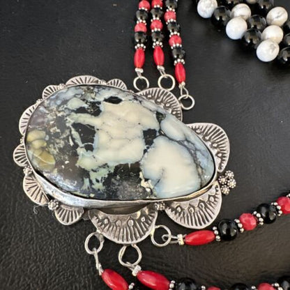 Navajo White Buffalo Turquoise and Coral Pendant Necklace | Sterling Silver | Authentic Native American Handmade | 15495