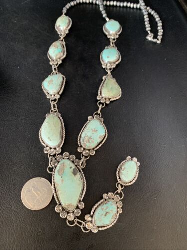 Navajo Blue Turquoise Lariat Necklace Set | Authentic Native American Sterling Silver | 30" | 13834