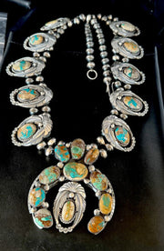 Navajo Blue Boulder Turquoise Squash Blossom Necklace Pendant | Authentic Native American Handmade | 15451