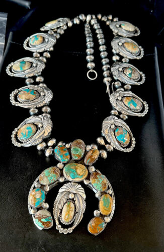 Navajo Blue Boulder Turquoise Squash Blossom Necklace Pendant | Authentic Native American Handmade | 15451