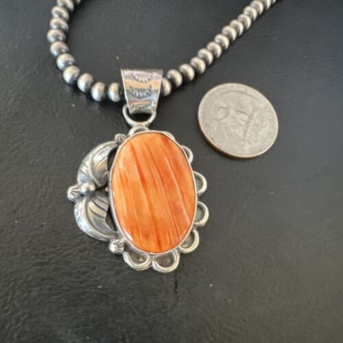 Navajo Orange Spiny Oyster Pendant Necklace | Sterling Silver | Authentic Native American Handmade | 15628