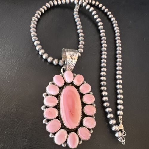 Navajo Pearls Pink Conch Necklace with Multi-Stone Cluster Pendant | Authentic Native American Handmade | 16063