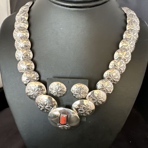 Navajo Red Coral Graduated Necklace | Sterling Silver Pillow Stamped | 18" | Authentic Native American Handmade | 15129