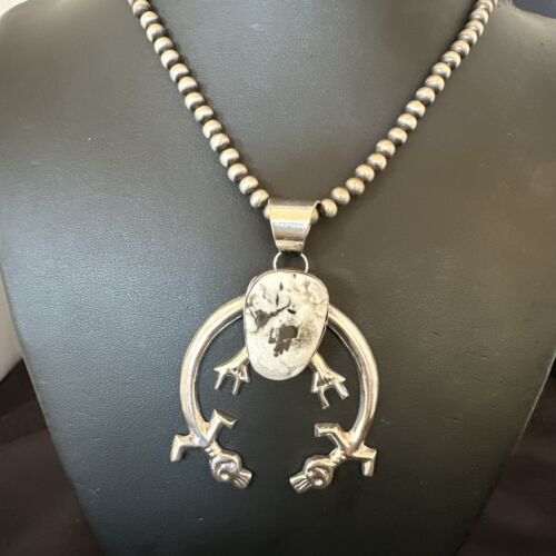 Navajo White Buffalo Turquoise Naja Pendant Necklace | Sterling Silver | Authentic Native American Handmade | 17122