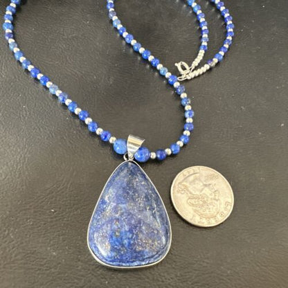 Navajo Blue Denim Lapis Pendant Necklace | Sterling Silver Pearls | 22" | Authentic Native American Handmade | 16579